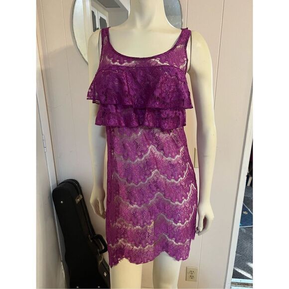 Free People Sheer Lace purple Slip/Mini Dress W/Ruffled Bodice Women’s Small - Picture 1 of 7